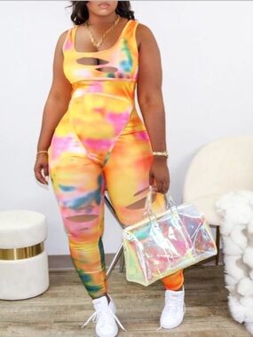 Tie-Dye Cutout Jumpsuit - Yellow Multi